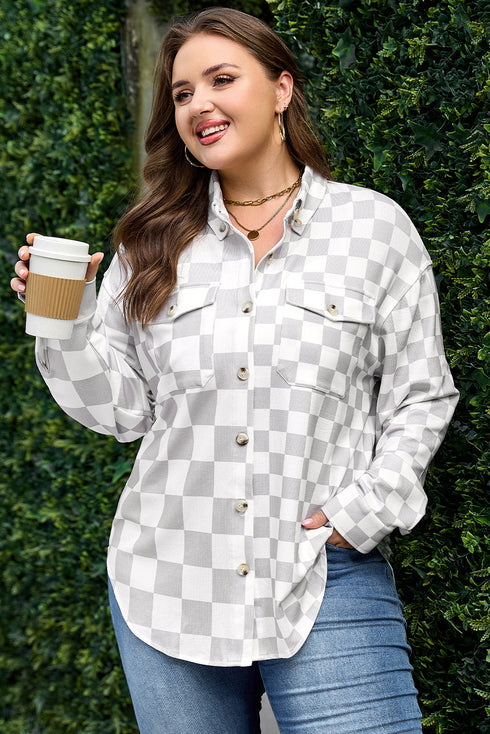 Plus Size Checkered Western Button Down Casual Outerwear