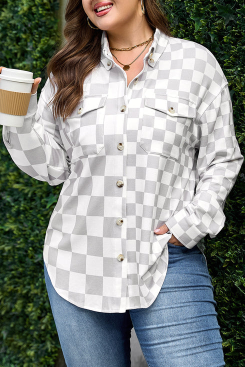 Plus Size Checkered Western Button Down Casual Outerwear