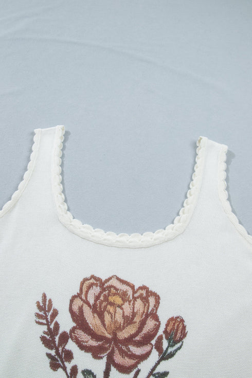 Plus Size Floral Knit Scalloped Trim Square Neck Sweater Vest