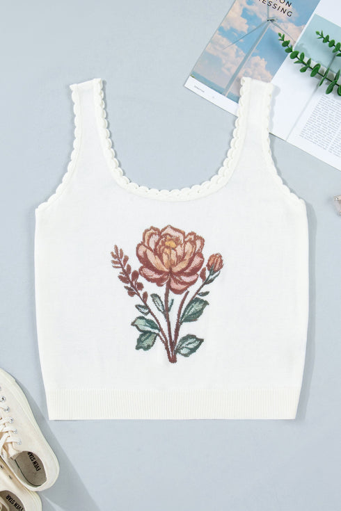 Plus Size Floral Knit Scalloped Trim Square Neck Sweater Vest