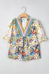 Plus Size Floral Print Contrast Trim V Neck Blouse
