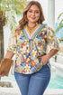 Plus Size Floral Print Contrast Trim V Neck Blouse