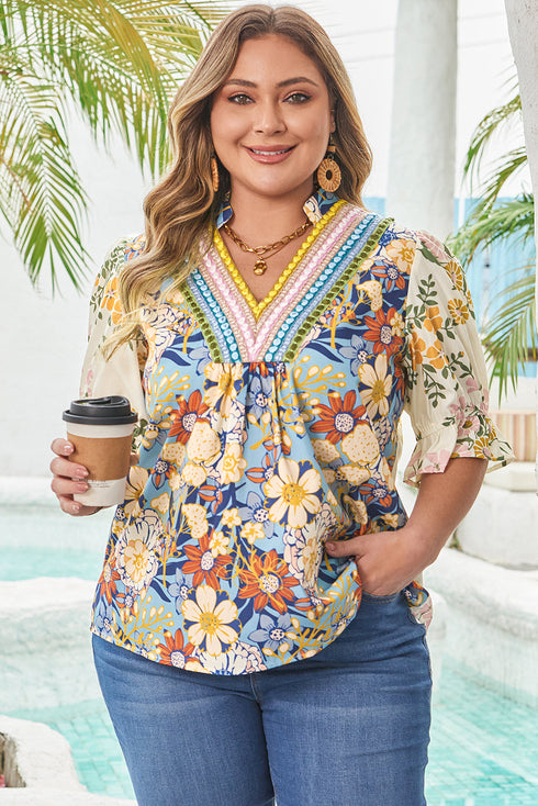 Plus Size Floral Print Contrast Trim V Neck Blouse