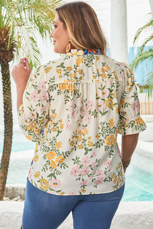 Plus Size Floral Print Contrast Trim V Neck Blouse