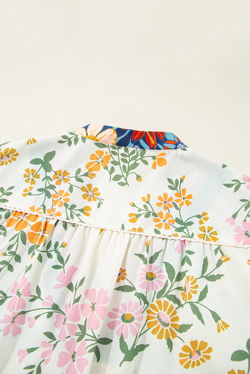 Plus Size Floral Print Contrast Trim V Neck Blouse