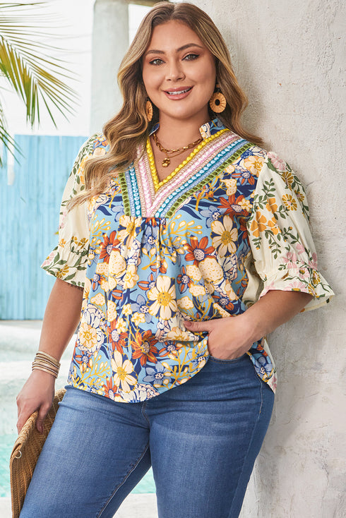 Plus Size Floral Print Contrast Trim V Neck Blouse