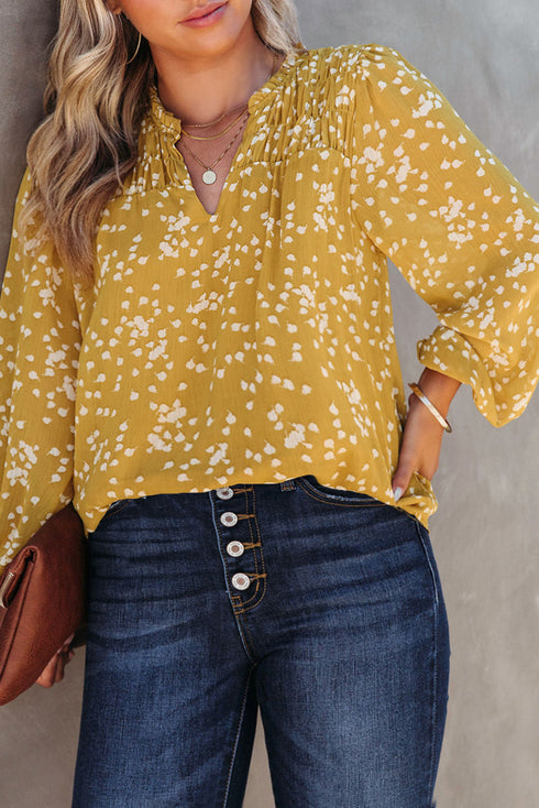 Plus Size Floral Print Ruched Split Neck Blouse