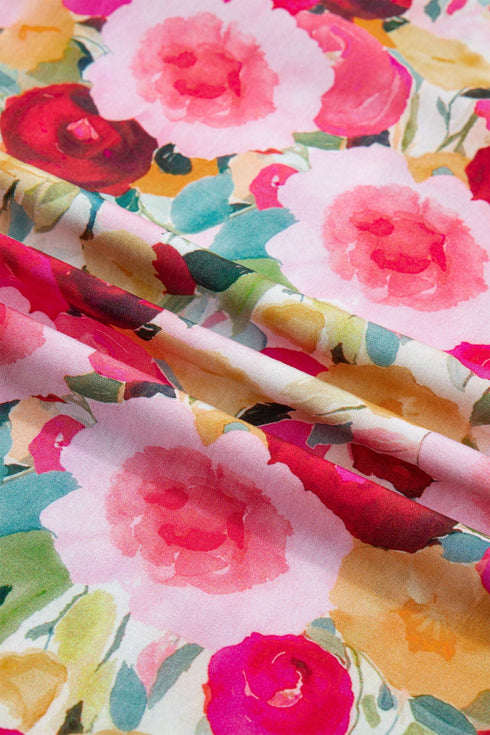 Plus Size Floral Print Split V Neck Puff Sleeve Blouse