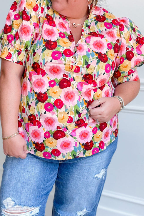 Plus Size Floral Print Split V Neck Puff Sleeve Blouse