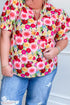 Plus Size Floral Print Split V Neck Puff Sleeve Blouse