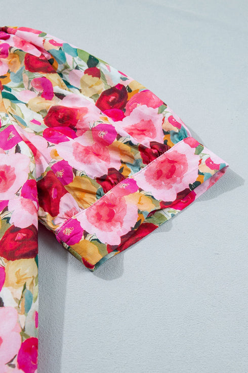 Plus Size Floral Print Split V Neck Puff Sleeve Blouse