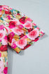 Plus Size Floral Print Split V Neck Puff Sleeve Blouse