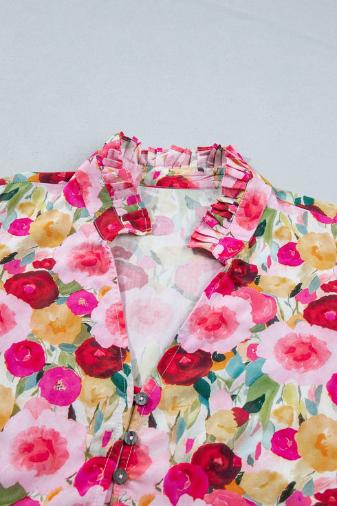 Plus Size Floral Print Split V Neck Puff Sleeve Blouse
