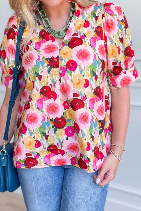 Plus Size Floral Print Split V Neck Puff Sleeve Blouse