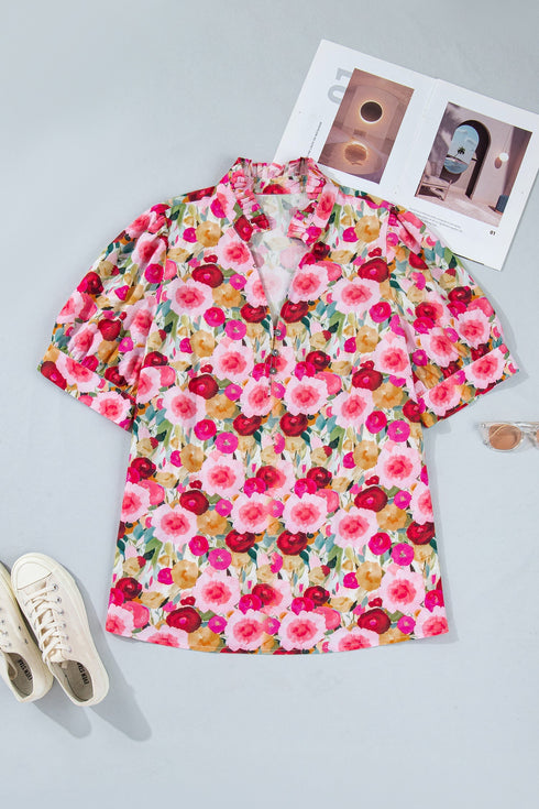 Plus Size Floral Print Split V Neck Puff Sleeve Blouse