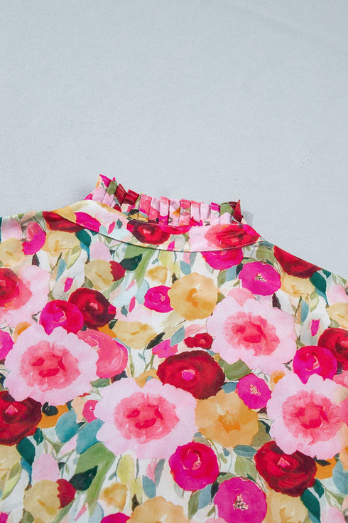 Plus Size Floral Print Split V Neck Puff Sleeve Blouse