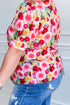 Plus Size Floral Print Split V Neck Puff Sleeve Blouse