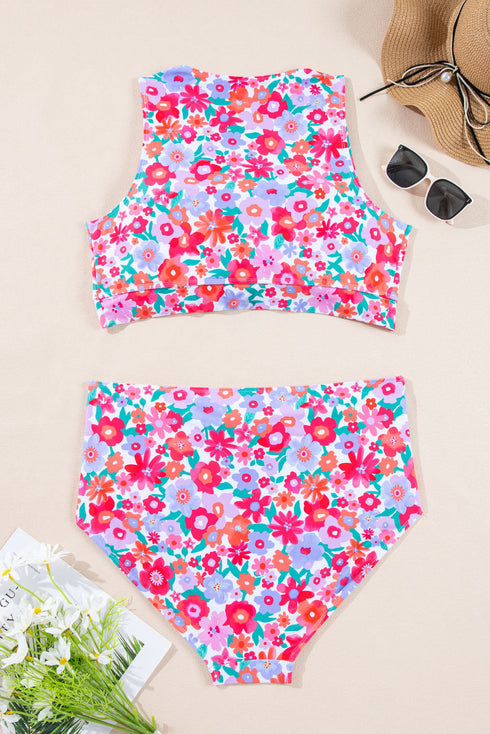 Plus Size Floral Print Twisted High Waist Bikini Set
