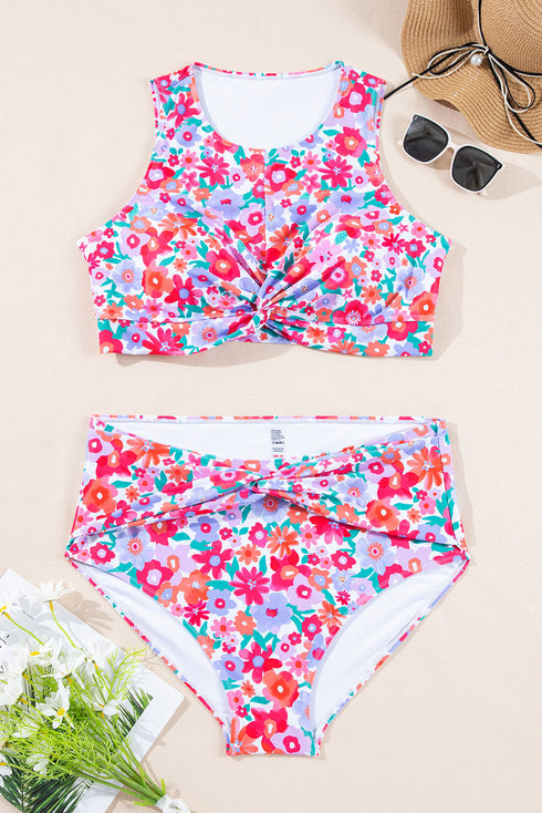 Plus Size Floral Print Twisted High Waist Bikini Set