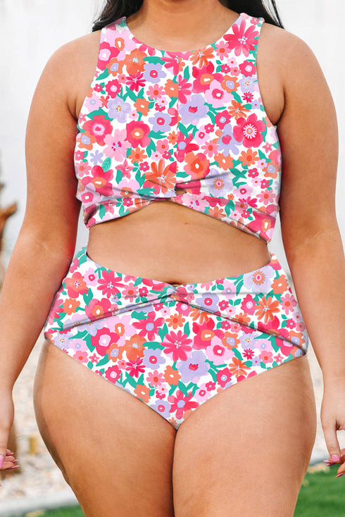 Plus Size Floral Print Twisted High Waist Bikini Set