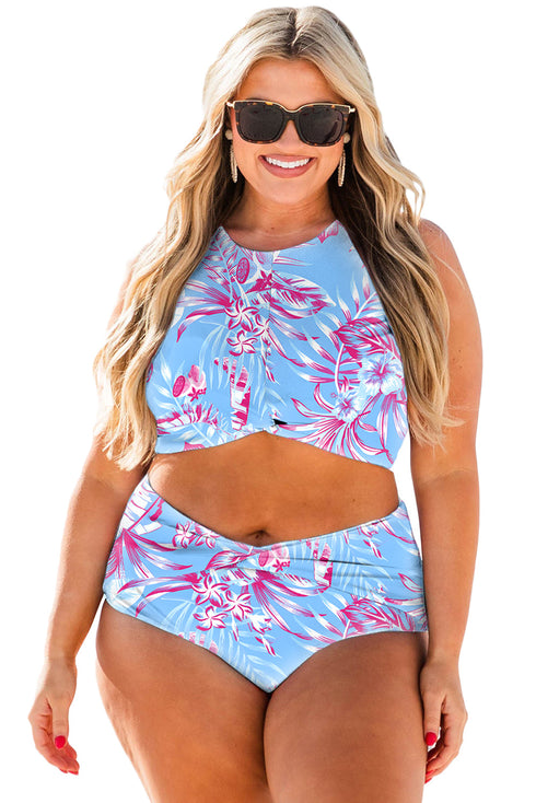 Plus Size Floral Print Twisted High Waist Bikini Set