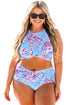 Plus Size Floral Print Twisted High Waist Bikini Set