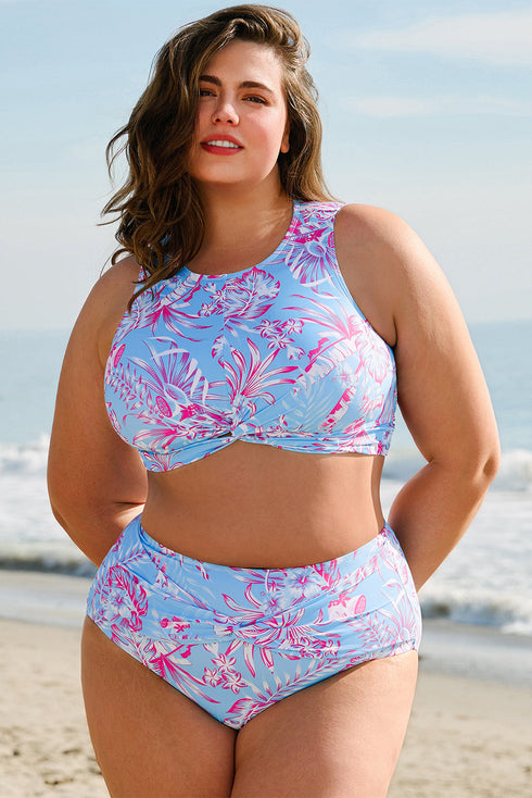 Plus Size Floral Print Twisted High Waist Bikini Set