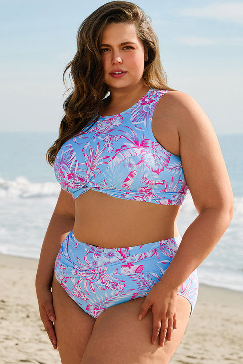 Plus Size Floral Print Twisted High Waist Bikini Set