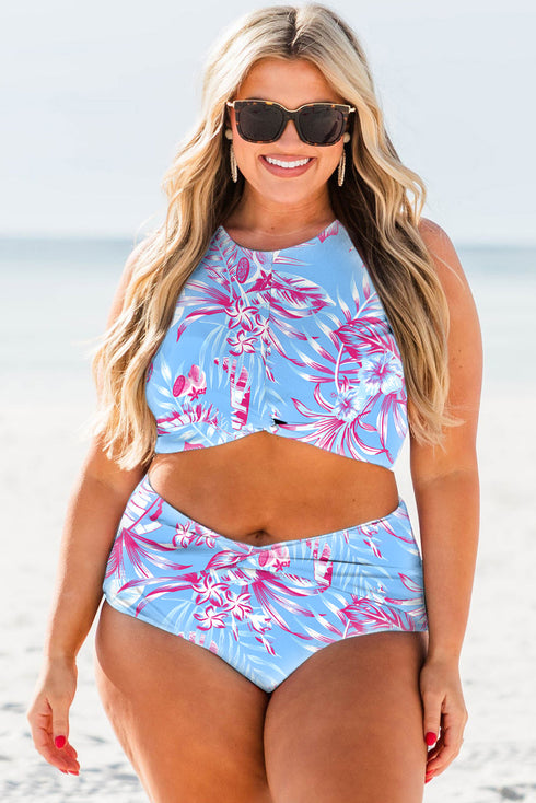 Plus Size Floral Print Twisted High Waist Bikini Set