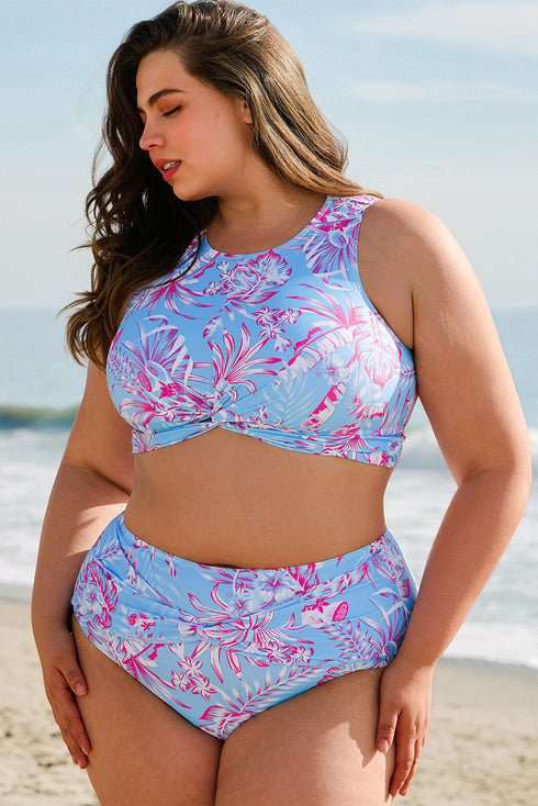 Plus Size Floral Print Twisted High Waist Bikini Set
