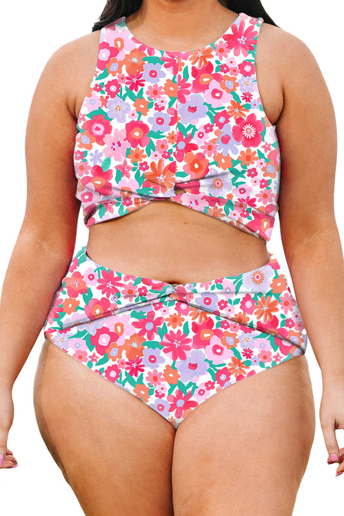 Plus Size Floral Print Twisted High Waist Bikini Set