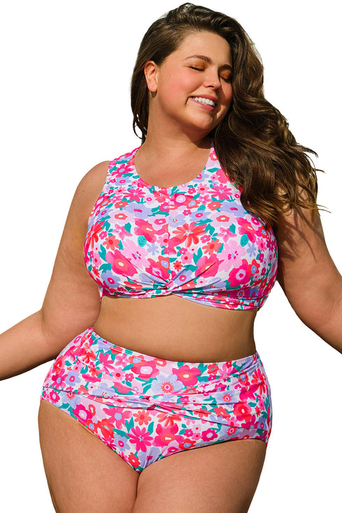 Plus Size Floral Print Twisted High Waist Bikini Set