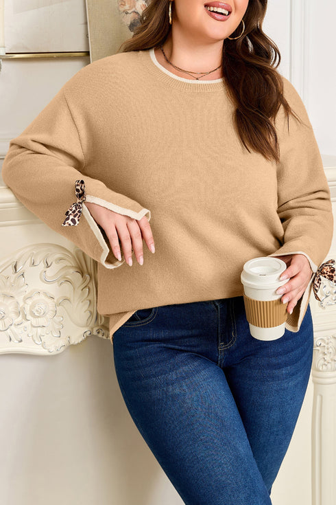 Plus Size Leopard Bow Detail Split Cuff Loose Sweater