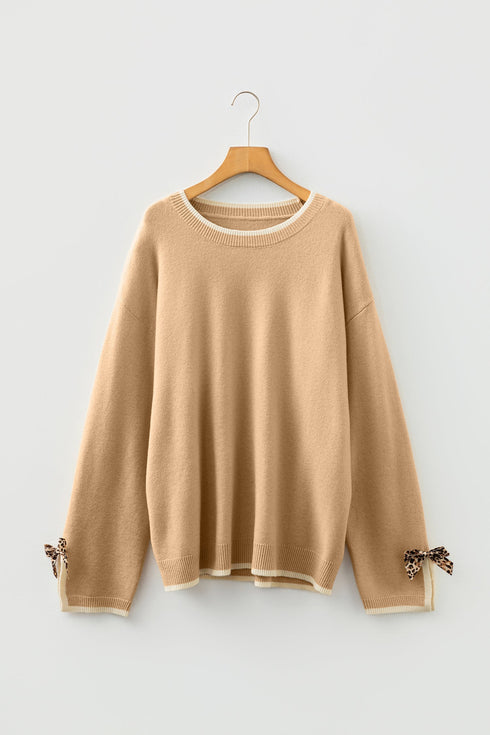 Plus Size Leopard Bow Detail Split Cuff Loose Sweater
