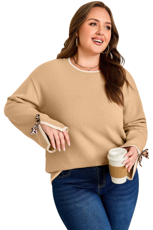 Plus Size Leopard Bow Detail Split Cuff Loose Sweater