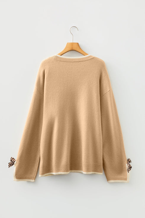 Plus Size Leopard Bow Detail Split Cuff Loose Sweater