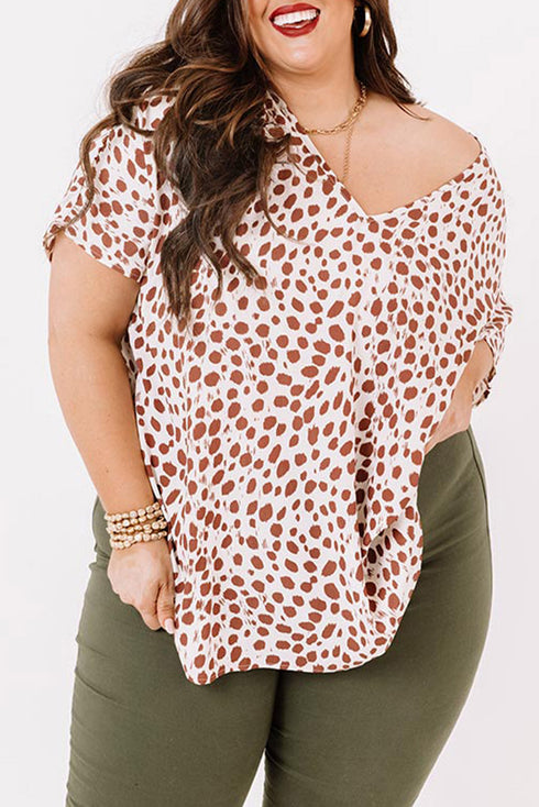 Plus Size Leopard V Neck Short Sleeve Shift Top