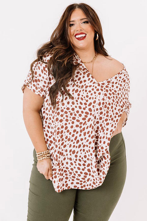 Plus Size Leopard V Neck Short Sleeve Shift Top
