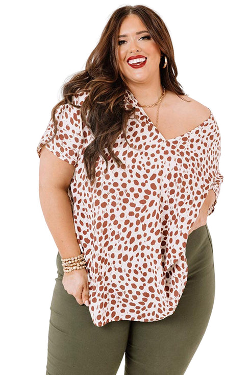 Plus Size Leopard V Neck Short Sleeve Shift Top