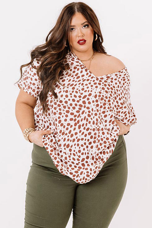Plus Size Leopard V Neck Short Sleeve Shift Top