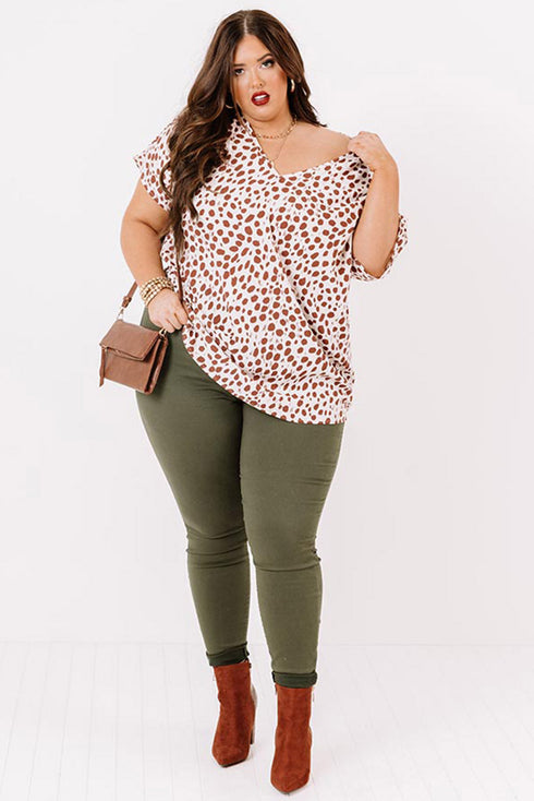 Plus Size Leopard V Neck Short Sleeve Shift Top