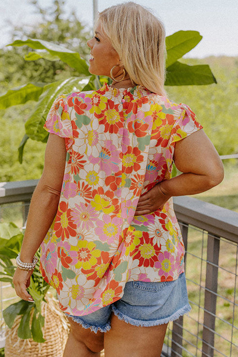 Plus Size Mock Neck Ruffle Sleeve Floral Blouse