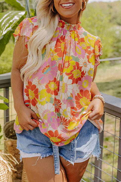 Plus Size Mock Neck Ruffle Sleeve Floral Blouse