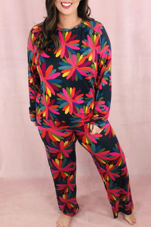 Plus Size Printed Long Sleeve and Pants Lounge Set