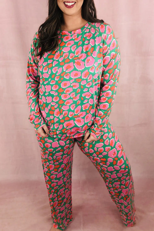 Plus Size Printed Long Sleeve and Pants Lounge Set