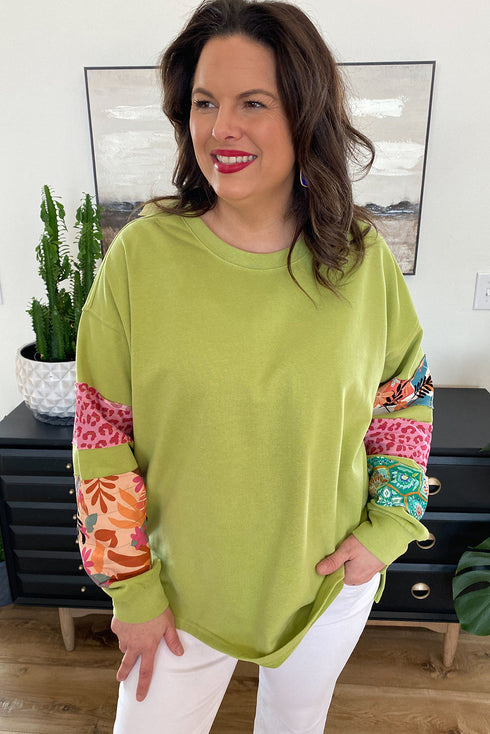 Plus Size Printed Patchwork Sleeve Split Sweatshirt