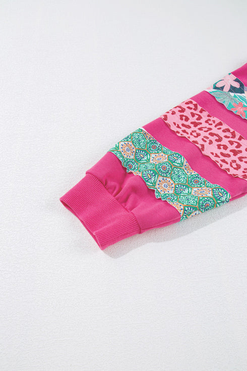 Plus Size Printed Patchwork Sleeve Split Sweatshirt