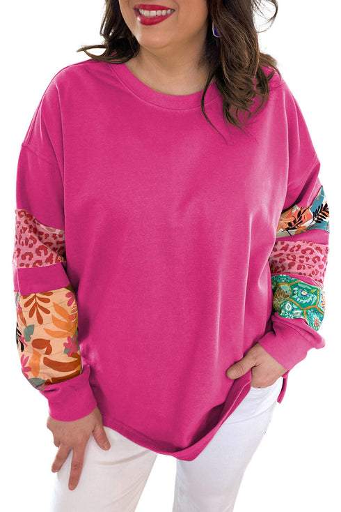 Plus Size Printed Patchwork Sleeve Split Sweatshirt
