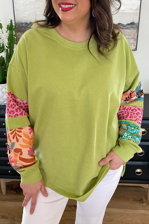 Plus Size Printed Patchwork Sleeve Split Sweatshirt