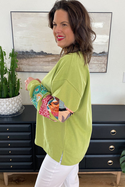 Plus Size Printed Patchwork Sleeve Split Sweatshirt